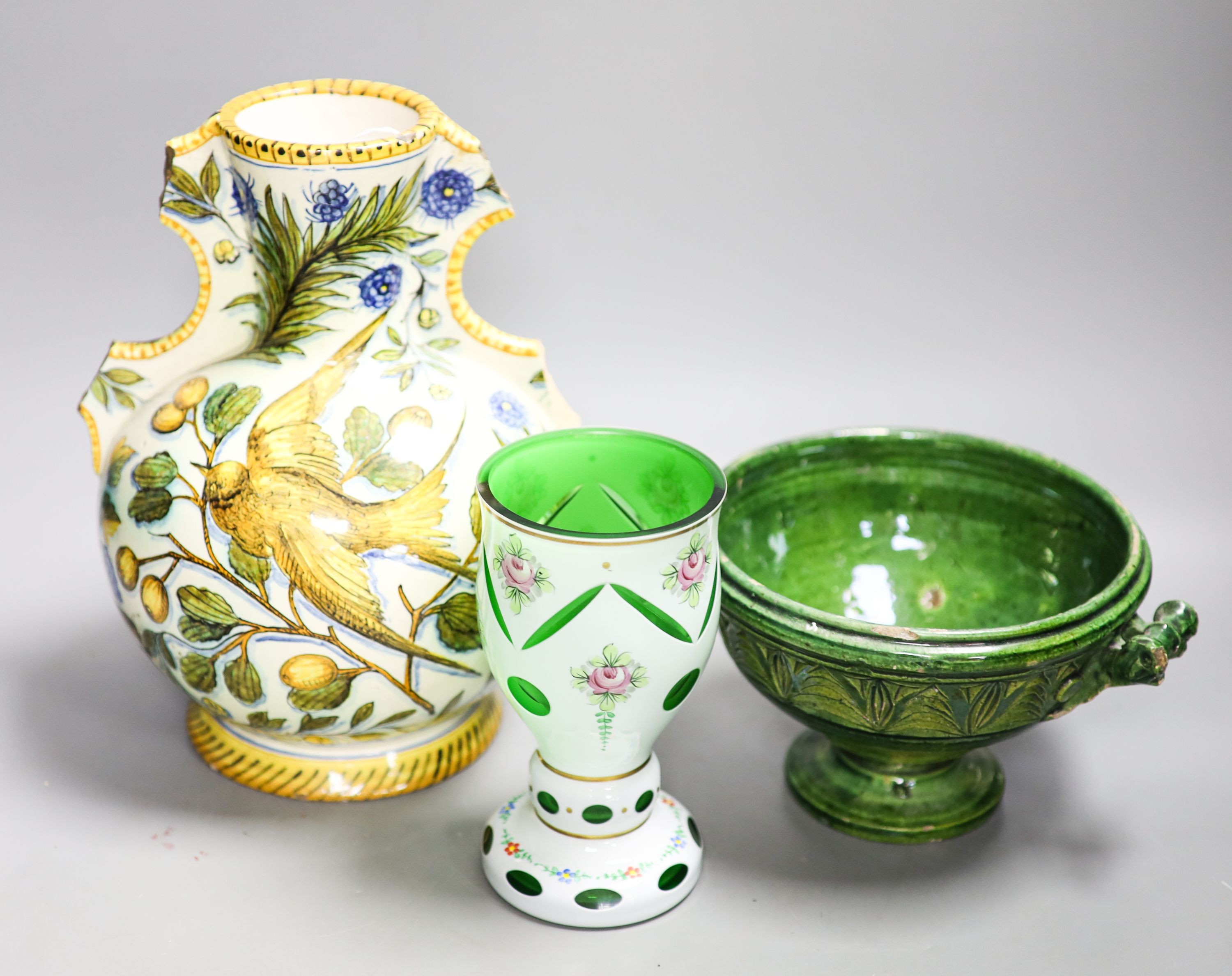 A Cantagalli maiolica vase (a.f.), a Bohemian vase and a green pottery bowl 27cm